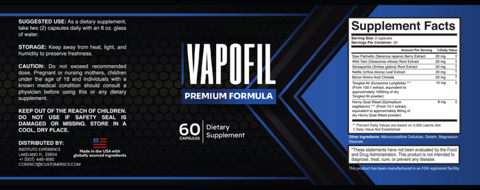VapoFil supplement facts label full ingredient list with dosages per serving